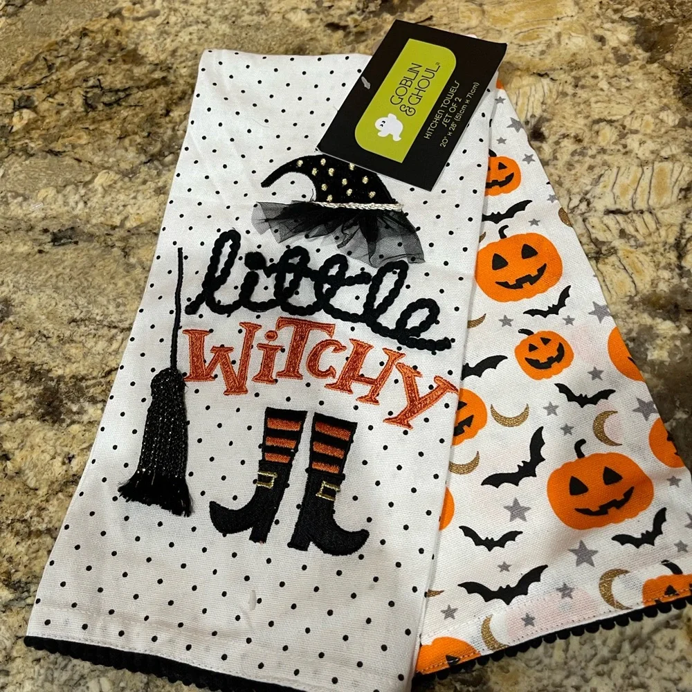 Goblin & Ghoul enbroidered kitchen towels set LITTLE WITCHY and pumpkins NEW!